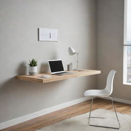 A modern, chic floating desk that can be folded away when not in use, emphasizing a clean, uncluttered look and efficient use of space.