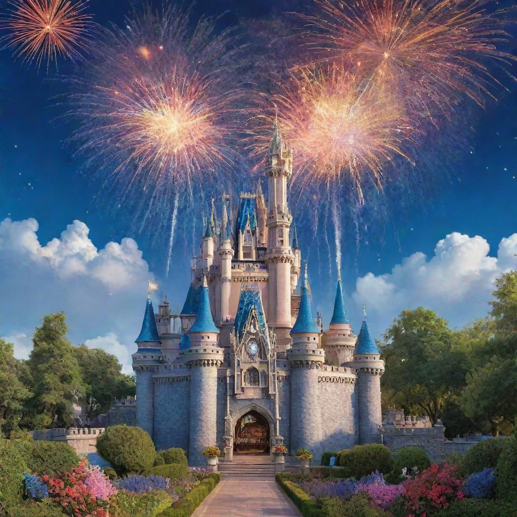 A vibrant and magical scene inspired by classic Disney animation, with a storybook castle surrounded by lush greenery, a sapphire-blue sky studded with fireworks, and beloved Disney characters.