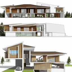 Architectural design of a luxury home plan, elevation and section with a modern 3D rendering.