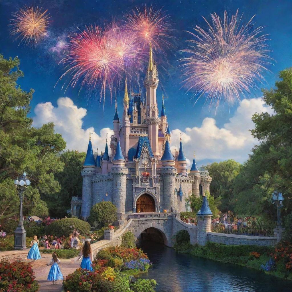 A vibrant and magical scene inspired by classic Disney animation, with a storybook castle surrounded by lush greenery, a sapphire-blue sky studded with fireworks, and beloved Disney characters.