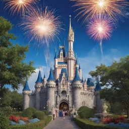 A vibrant and magical scene inspired by classic Disney animation, with a storybook castle surrounded by lush greenery, a sapphire-blue sky studded with fireworks, and beloved Disney characters.