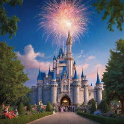 A vibrant and magical scene inspired by classic Disney animation, with a storybook castle surrounded by lush greenery, a sapphire-blue sky studded with fireworks, and beloved Disney characters.