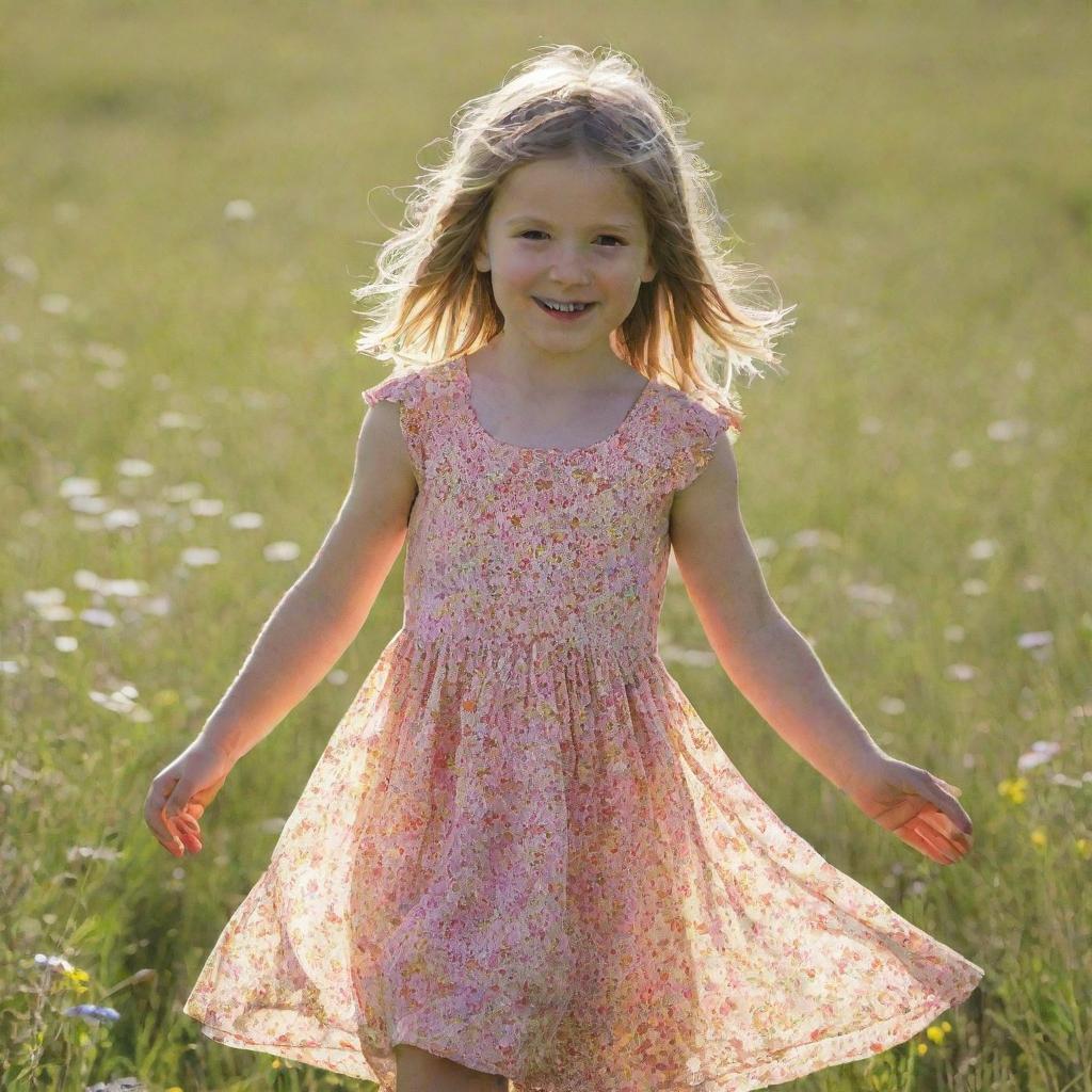 A young girl dressed in a bright summer dress, playing in a sunlit meadow, surrounded by wildflowers.