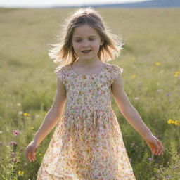 A young girl dressed in a bright summer dress, playing in a sunlit meadow, surrounded by wildflowers.