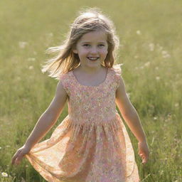 A young girl dressed in a bright summer dress, playing in a sunlit meadow, surrounded by wildflowers.