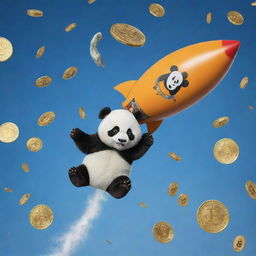 A panda bear parachuting out of a rocket, surrounded by various cryptocurrency symbols and coins, toppling down.