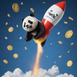 A panda bear parachuting out of a rocket, surrounded by various cryptocurrency symbols and coins, toppling down.