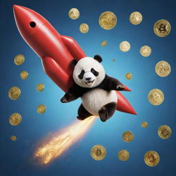 A panda bear parachuting out of a rocket, surrounded by various cryptocurrency symbols and coins, toppling down.