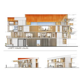 Architectural design of a luxury home plan, elevation and section with a modern 3D rendering.