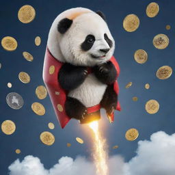 A panda bear parachuting out of a rocket, surrounded by various cryptocurrency symbols and coins, toppling down.