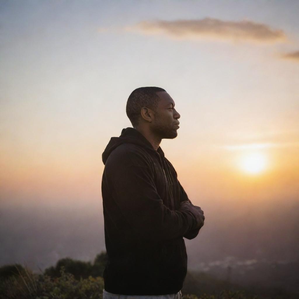 A hustler standing against the backdrop of a sunrise, his head bowed in gratitude, with hands clasped together in prayer, expressing thankfulness for a fresh new day.