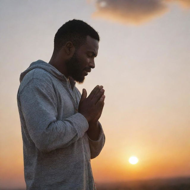 A hustler standing against the backdrop of a sunrise, his head bowed in gratitude, with hands clasped together in prayer, expressing thankfulness for a fresh new day.