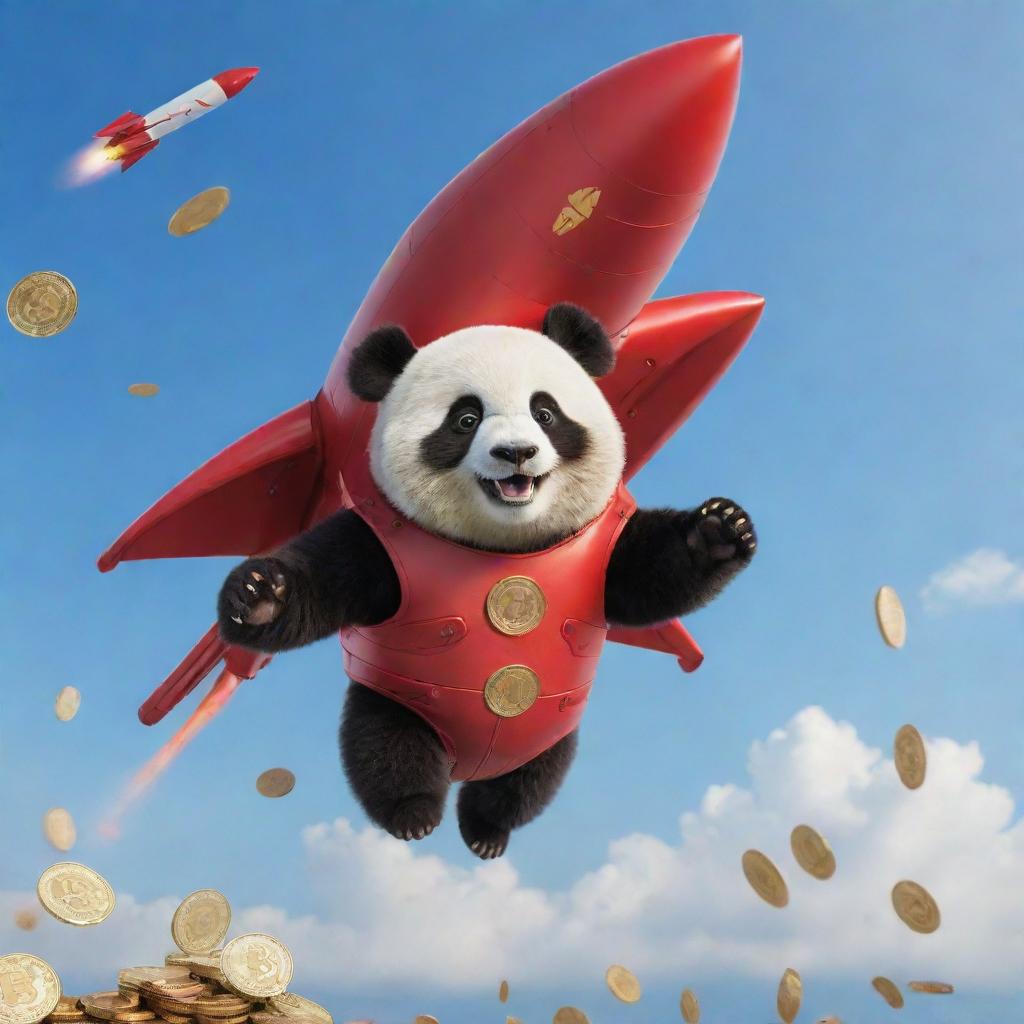 A panda bear parachuting from a rocket amidst cryptocurrency coins, assisted by a dashing red robot superhero.