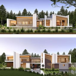 Architectural design of a luxury home plan, elevation and section with a modern 3D rendering.