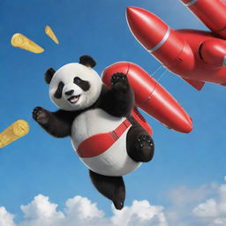 A panda bear parachuting from a rocket amidst cryptocurrency coins, assisted by a dashing red robot superhero.