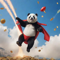 A panda bear parachuting from a rocket amidst cryptocurrency coins, assisted by a dashing red robot superhero.