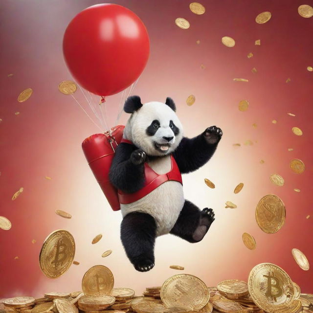 A panda bear parachuting from a rocket amidst cryptocurrency coins, assisted by a dashing red robot superhero.