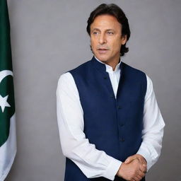 A professional portrait of Imran Khan, the Prime Minister of Pakistan, wearing a traditional white Shalwar Kameez and navy blue waistcoat. He's giving a confident, motivational speech.