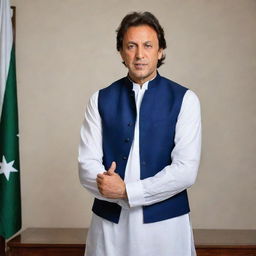 A professional portrait of Imran Khan, the Prime Minister of Pakistan, wearing a traditional white Shalwar Kameez and navy blue waistcoat. He's giving a confident, motivational speech.