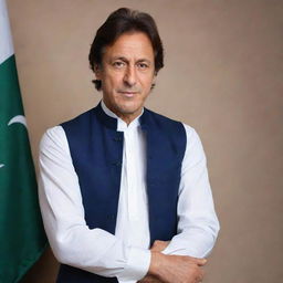 A professional portrait of Imran Khan, the Prime Minister of Pakistan, wearing a traditional white Shalwar Kameez and navy blue waistcoat. He's giving a confident, motivational speech.