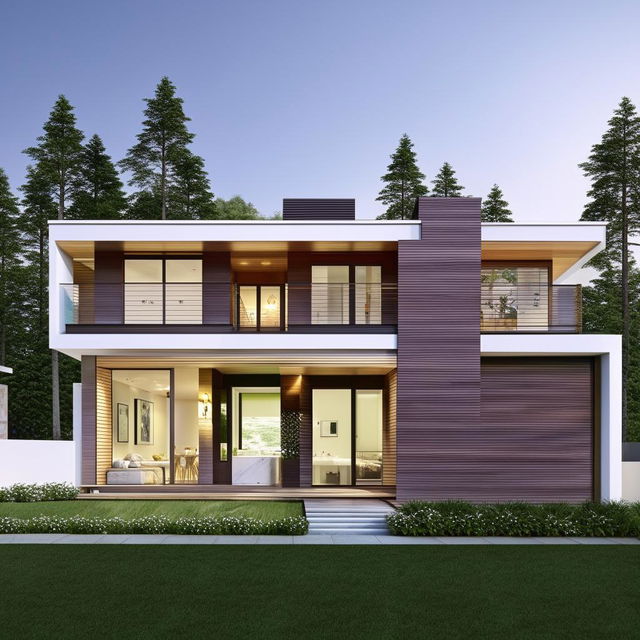 Architectural design of a luxury home plan, elevation and section with a modern 3D rendering.