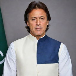 A professional portrait of Imran Khan, the Prime Minister of Pakistan, wearing a traditional white Shalwar Kameez and navy blue waistcoat. He's giving a confident, motivational speech.