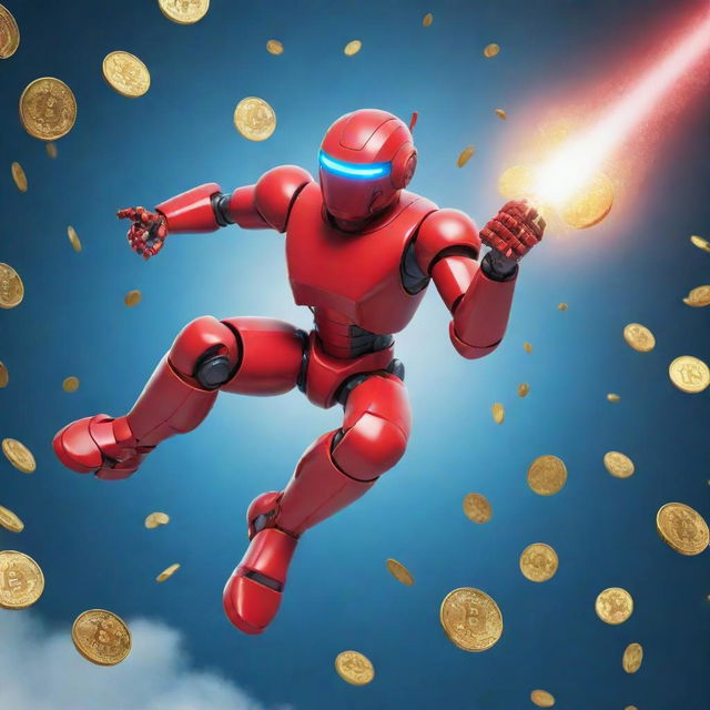 A red heroic robot dashing through the air, parachuting from a rocket amidst a cascade of cryptocurrency coins.