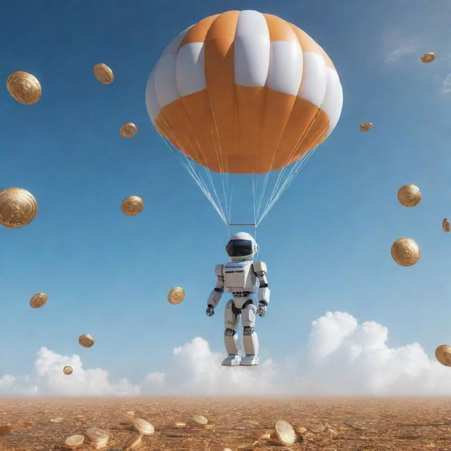 A robot parachuting from a rocket in a sea of Ethereum and Bitcoin cryptocurrency coins.