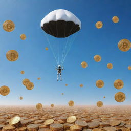 A robot parachuting from a rocket in a sea of Ethereum and Bitcoin cryptocurrency coins.