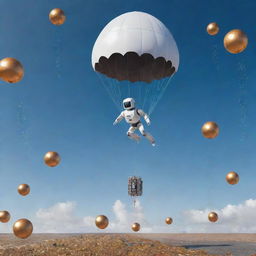 A robot parachuting from a rocket in a sea of Ethereum and Bitcoin cryptocurrency coins.