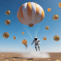 A robot parachuting from a rocket in a sea of Ethereum and Bitcoin cryptocurrency coins.