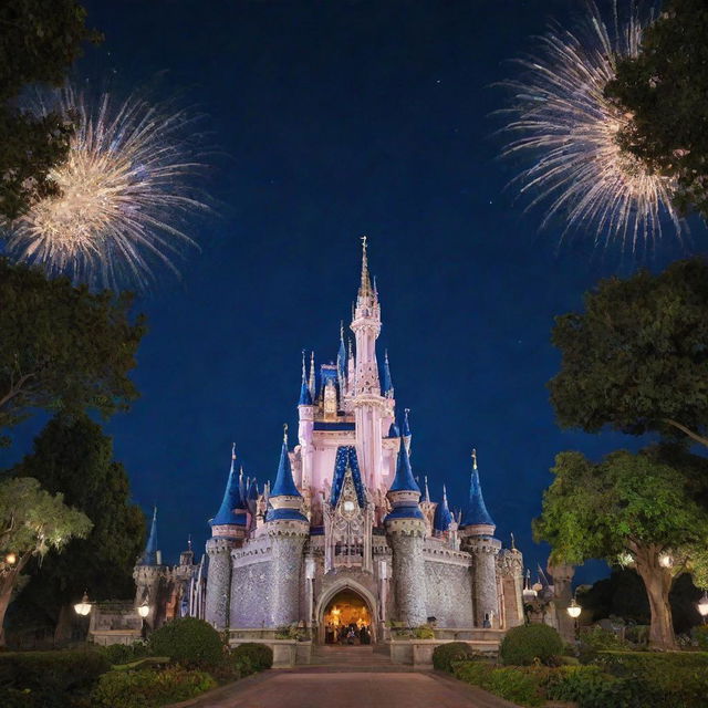 Iconic Disney castle sparkling under a pristine night sky, surrounded by lush, magical gardens with beloved characters scattered around joyfully.