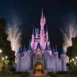 Iconic Disney castle sparkling under a pristine night sky, surrounded by lush, magical gardens with beloved characters scattered around joyfully.