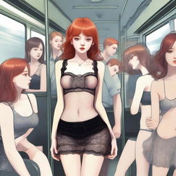 A digital art image in highest quality depicts a slim redhead girl in a mini skirt and tiny top on a train