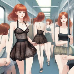 A digital art image in highest quality depicts a slim redhead girl in a mini skirt and tiny top on a train