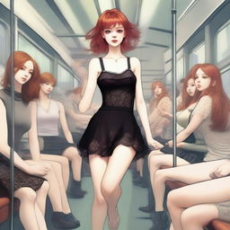 A digital art image in highest quality depicts a slim redhead girl in a mini skirt and tiny top on a train