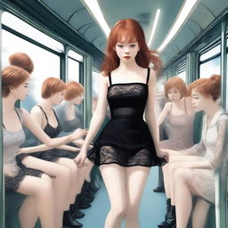 A digital art image in highest quality depicts a slim redhead girl in a mini skirt and tiny top on a train