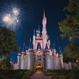 Iconic Disney castle sparkling under a pristine night sky, surrounded by lush, magical gardens with beloved characters scattered around joyfully.