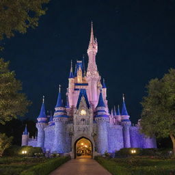 Iconic Disney castle sparkling under a pristine night sky, surrounded by lush, magical gardens with beloved characters scattered around joyfully.