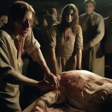 The horror film showed a scene where a dead body starts to putrefy, leaving the audience disgusted.