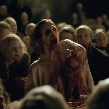The horror film showed a scene where a dead body starts to putrefy, leaving the audience disgusted.