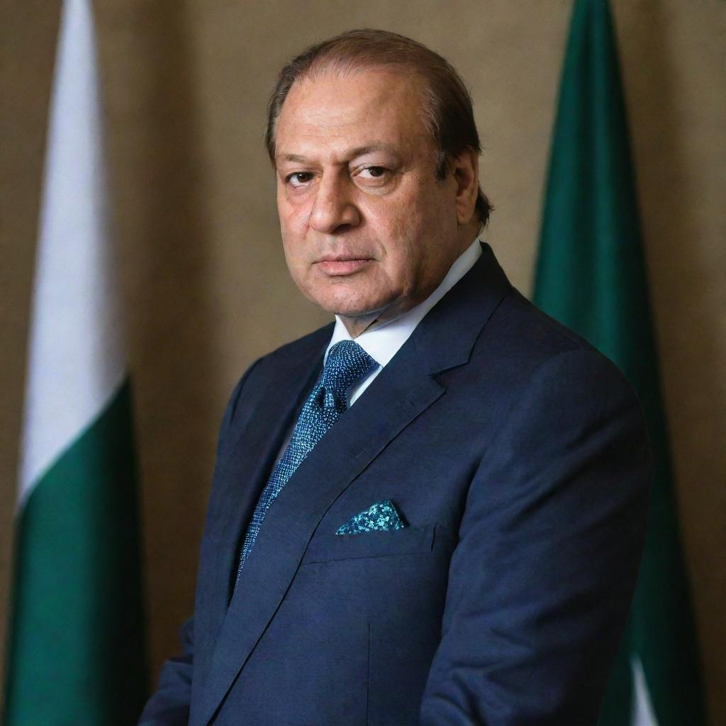 A portrait of Nawaz Sharif, a notable Pakistani politician, in a formal outfit, standing confidently against a background featuring the Pakistani Flag.