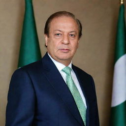 A portrait of Nawaz Sharif, a notable Pakistani politician, in a formal outfit, standing confidently against a background featuring the Pakistani Flag.