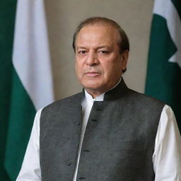 A portrait of Nawaz Sharif, a notable Pakistani politician, in a formal outfit, standing confidently against a background featuring the Pakistani Flag.