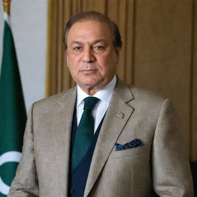 A portrait of Nawaz Sharif, a notable Pakistani politician, in a formal outfit, standing confidently against a background featuring the Pakistani Flag.