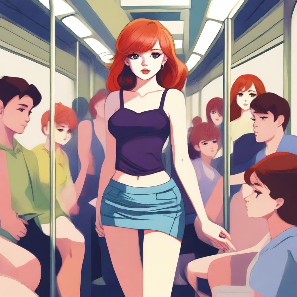 A digital art image of a confident redhead girl with a slim figure, dressed in a mini skirt and a tiny top