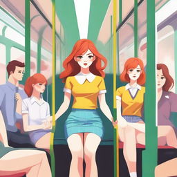 A digital art image of a confident redhead girl with a slim figure, dressed in a mini skirt and a tiny top