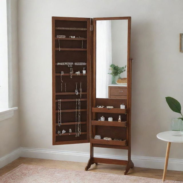 A full-length mirror that opens to reveal hidden shelves and compartments, filled with various jewelry, accessories, and toiletries