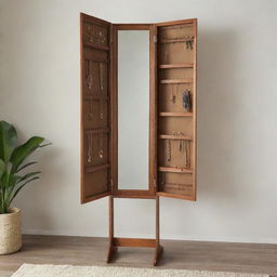 A full-length mirror that opens to reveal hidden shelves and compartments, filled with various jewelry, accessories, and toiletries