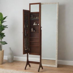 A full-length mirror that opens to reveal hidden shelves and compartments, filled with various jewelry, accessories, and toiletries